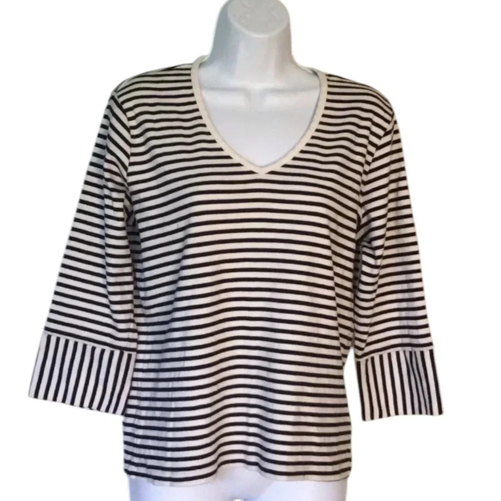 White + Warren striped v neck cotton top 3/4 sleeves nautical preppy Size L